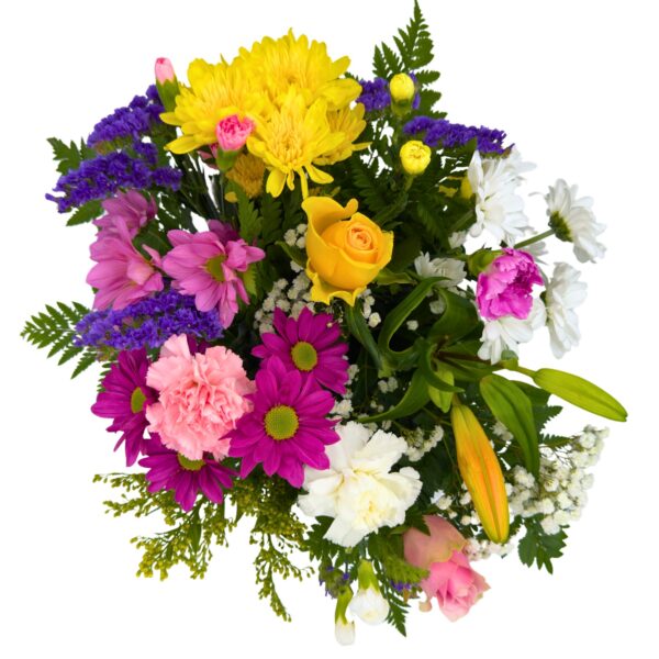 Top down bright mixed fresh flower bouquet arrangement